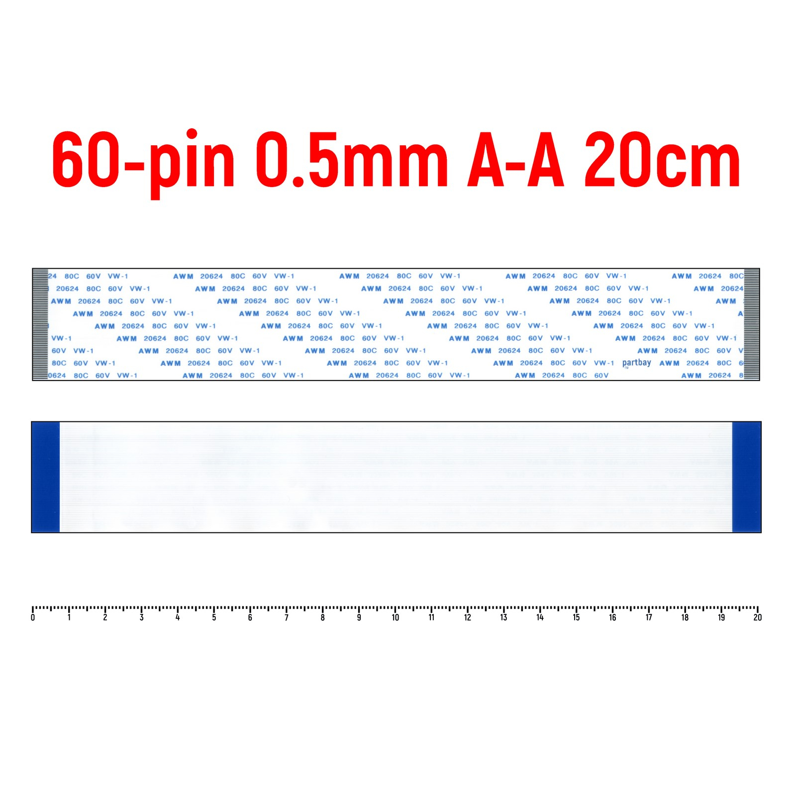 

Шлейф FFC 60-pin Шаг 0.5мм Длина 20см Прямой A-A AWM 20624 80C 60V VW-1