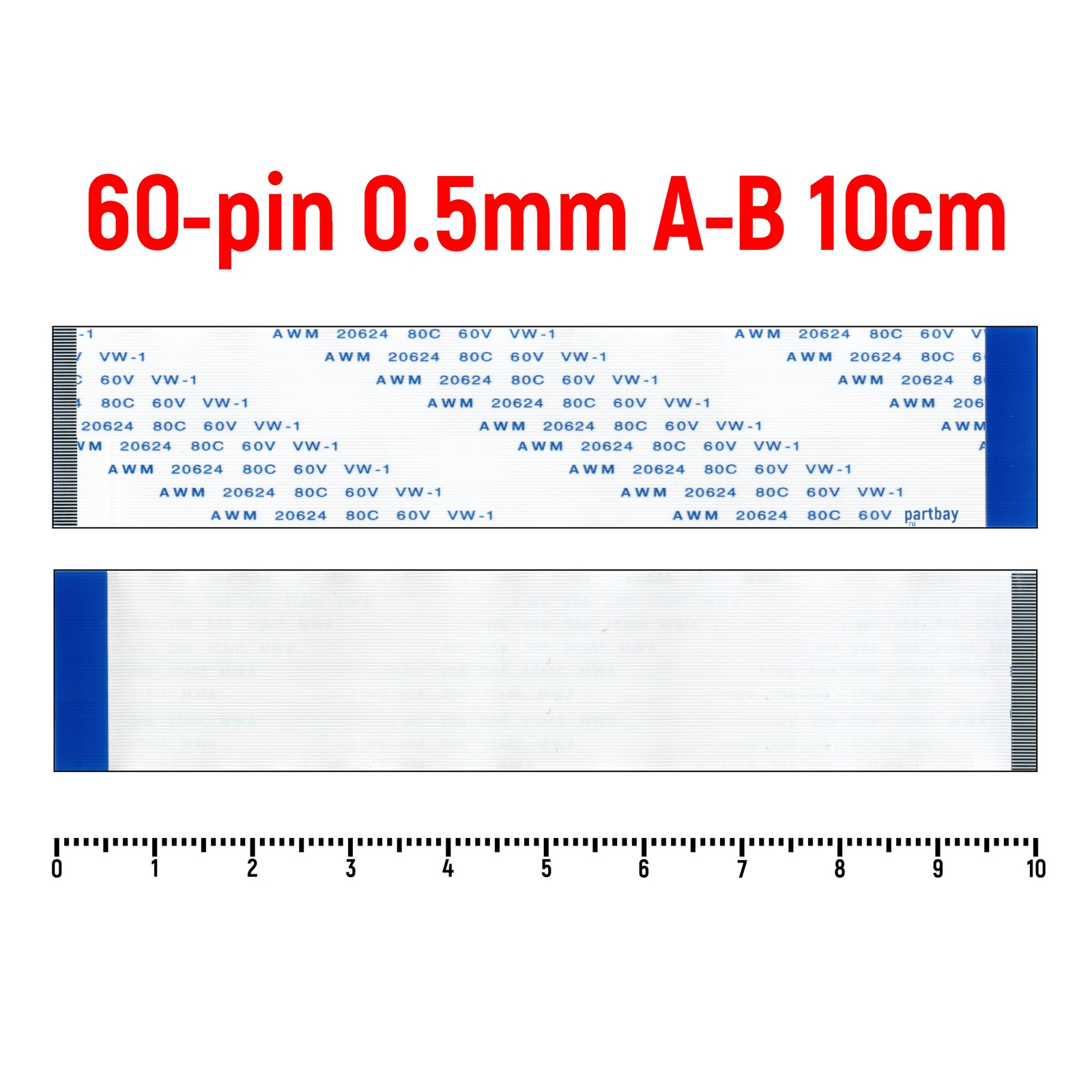 

Шлейф FFC 60-pin Шаг 0.5мм Длина 10см Обратный A-B AWM 20624 80C 60V VW-1