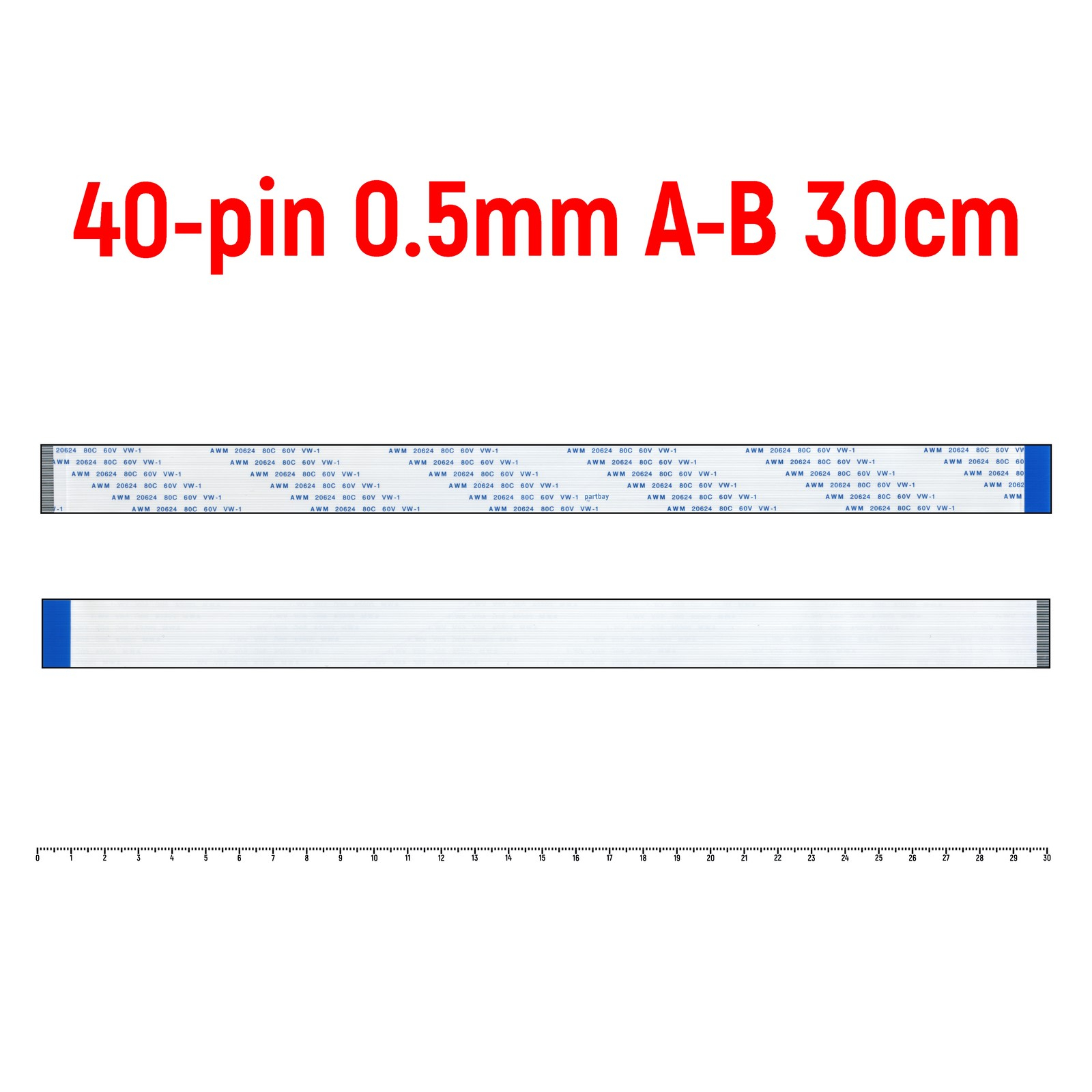 

Шлейф FFC 40-pin Шаг 0.5мм Длина 30см Обратный A-B AWM 20624 80C 60V VW-1