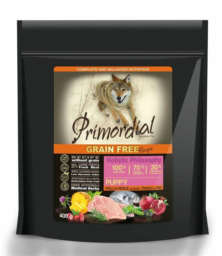 Сухой корм для щенков Primordial Grain Free Puppy, курица, рыба, 0,4кг