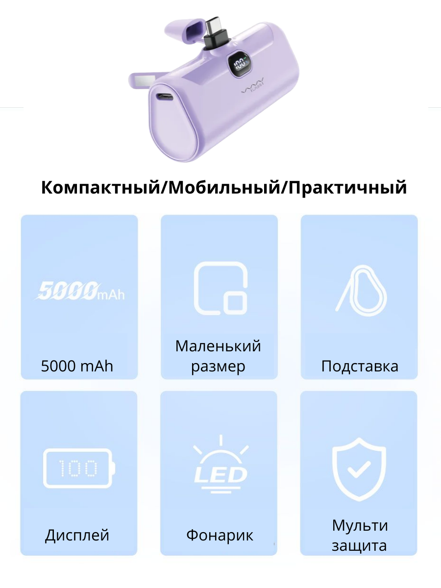 

Внешний аккумулятор Vyvylabs Q05 на 5000mAh с выходом Type-C, дисплеем и подставкой, VBQ05-PL