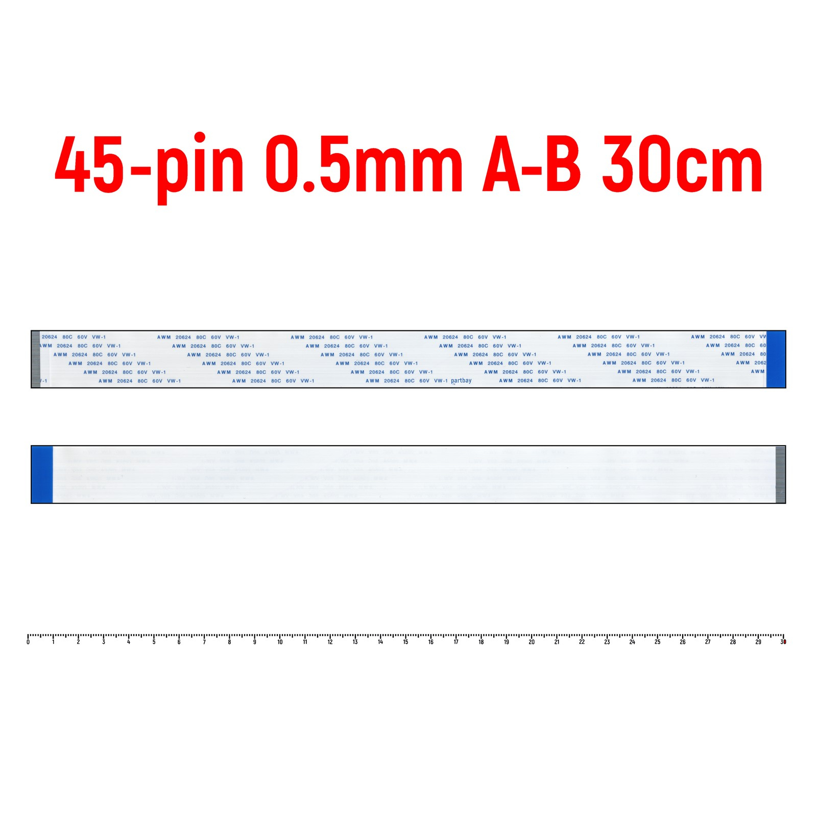 

Шлейф FFC 45-pin Шаг 0.5мм Длина 30см Обратный A-B AWM 20624 80C 60V VW-1