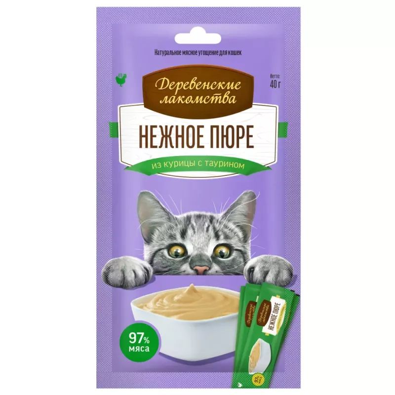 

Лакомство для кошек Деревенские лакомства Нежное пюре, курица 4шт, 40 г, Нежное пюре