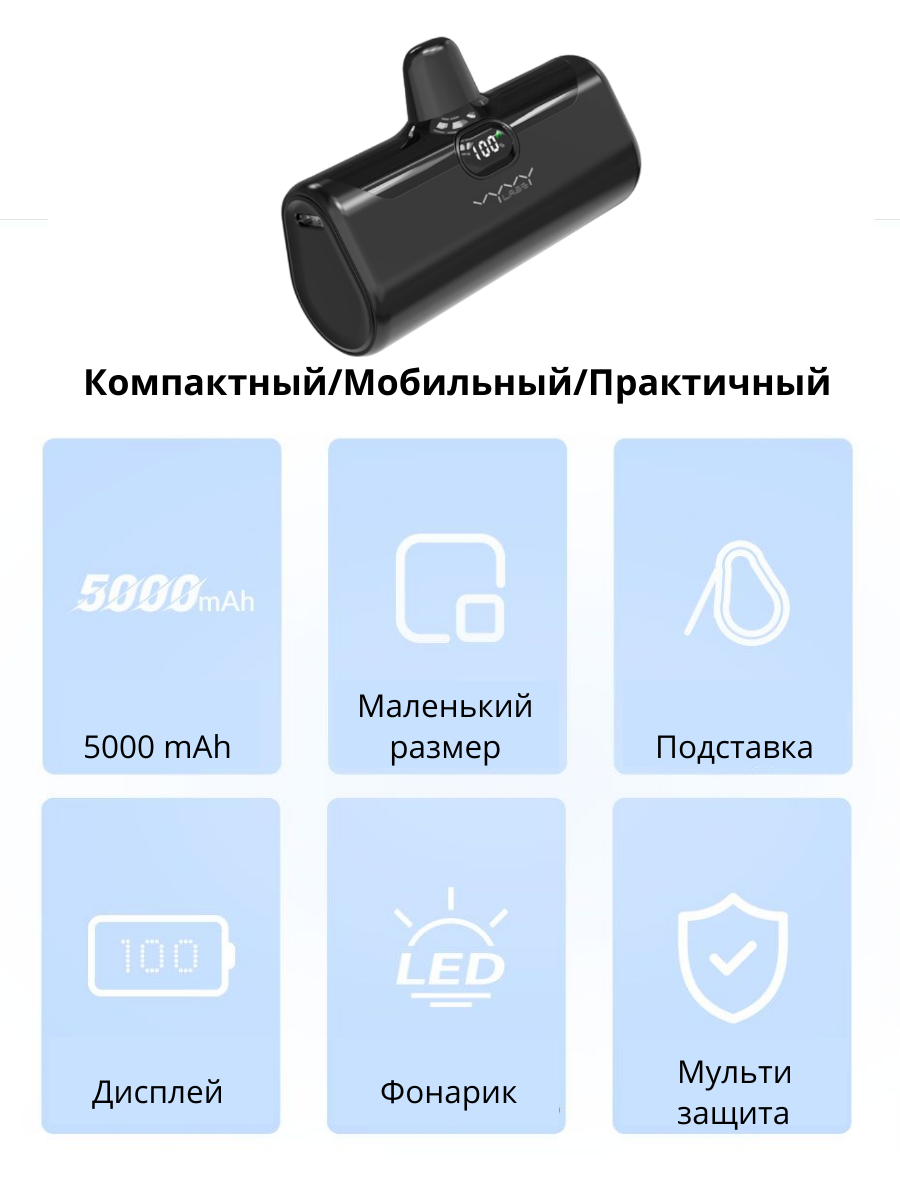 

Внешний аккумулятор Vyvylabs Q05 на 5000mAh с выходом Type-C, дисплеем и подставкой, VBQ05-BK