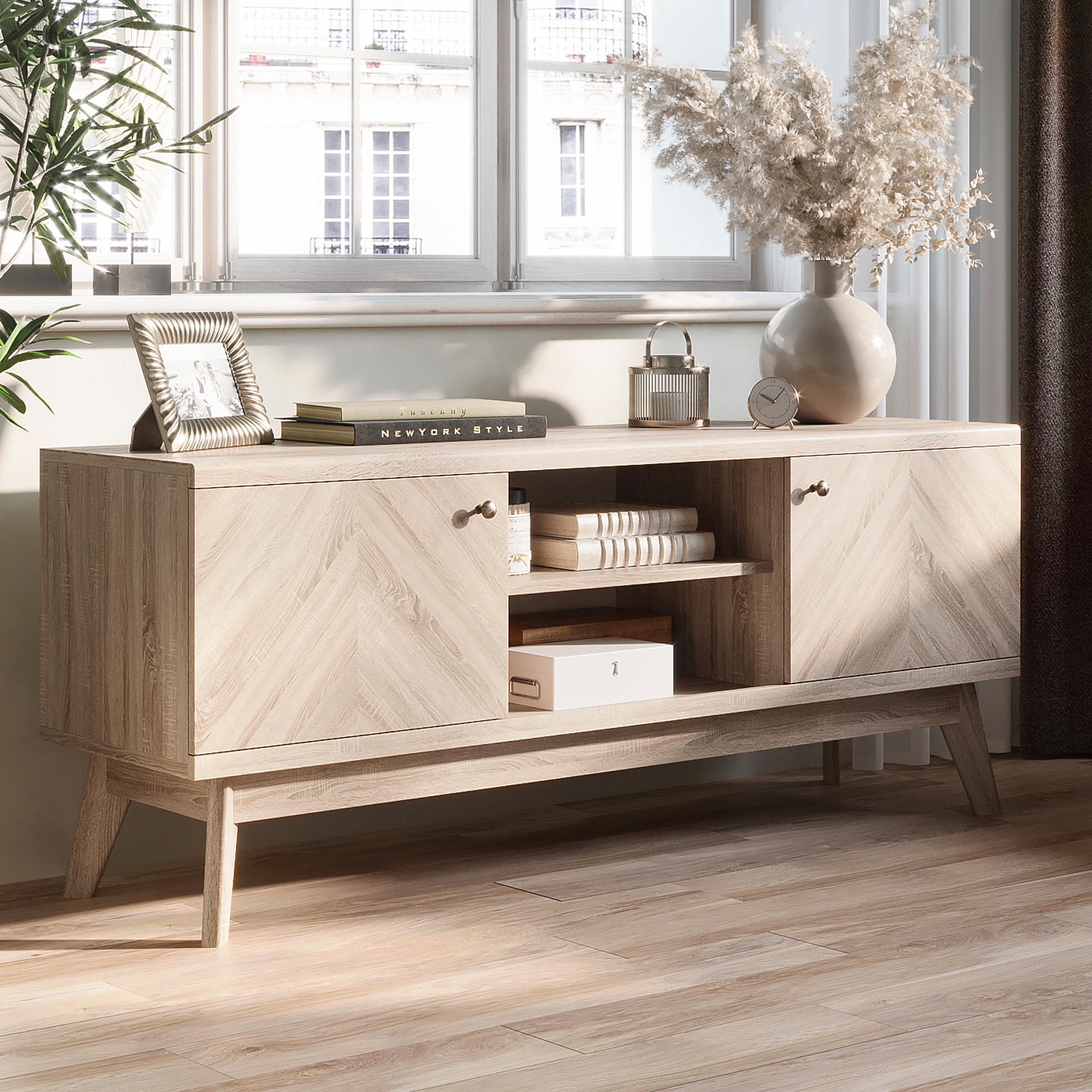 

Тумба под ТВ Сканди Puzzlemebel с дизайном Елочка бежевый для ТВ до 65 дюймов, Елочка