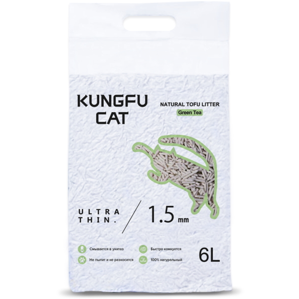 Комкующийся наполнитель Kungfu Cat Tofu Green Tea соевый, зеленый чай, 6 л