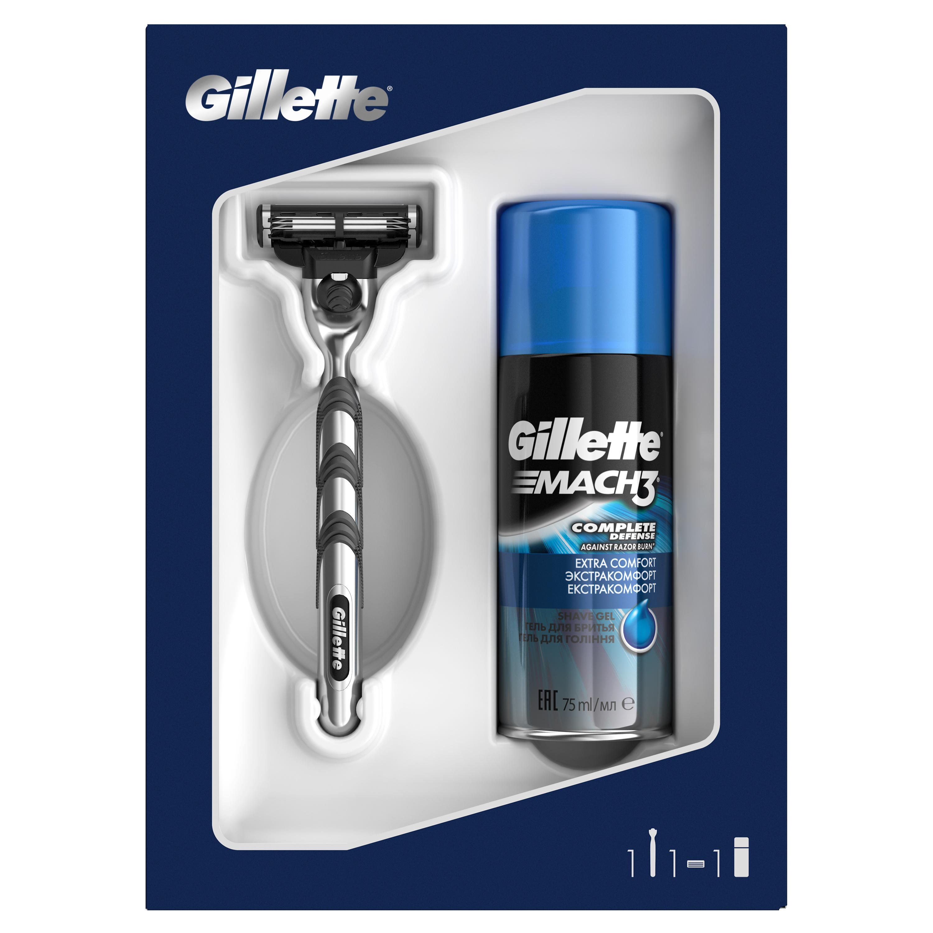 Подарочный набор Gillette Mach3 Бритва с 1 см. кассетой+Гель д/бритья Экстракомфорт 75мл