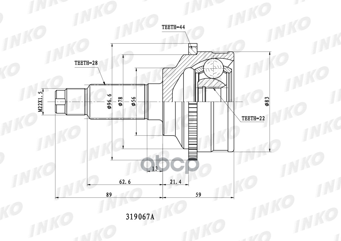 

Шрус Внешний 28/22 Abs 44 | Перед | Inko 319067A