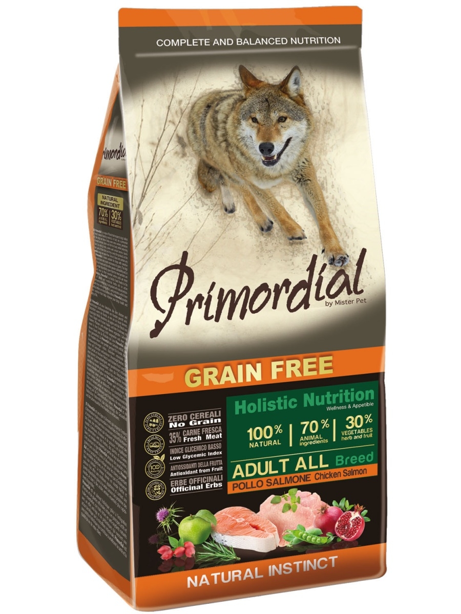 фото Сухой корм для собак primordial grain free adult all, курица, лосось, 2кг