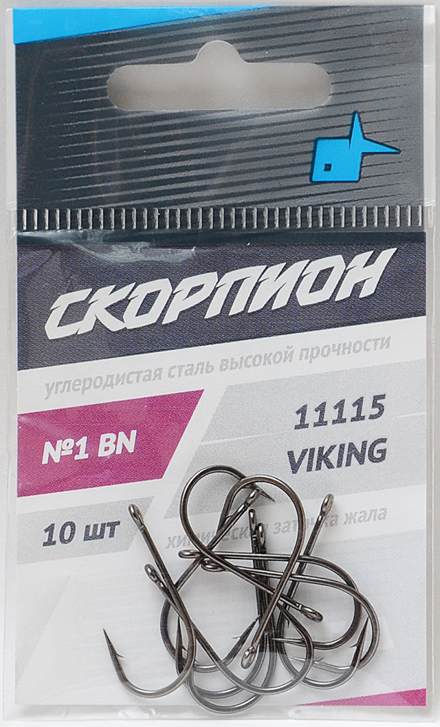 

Одинарные крючки Viking классические №1, оголовок с колечком, прямое острие, с бородкой, Черный, Viking