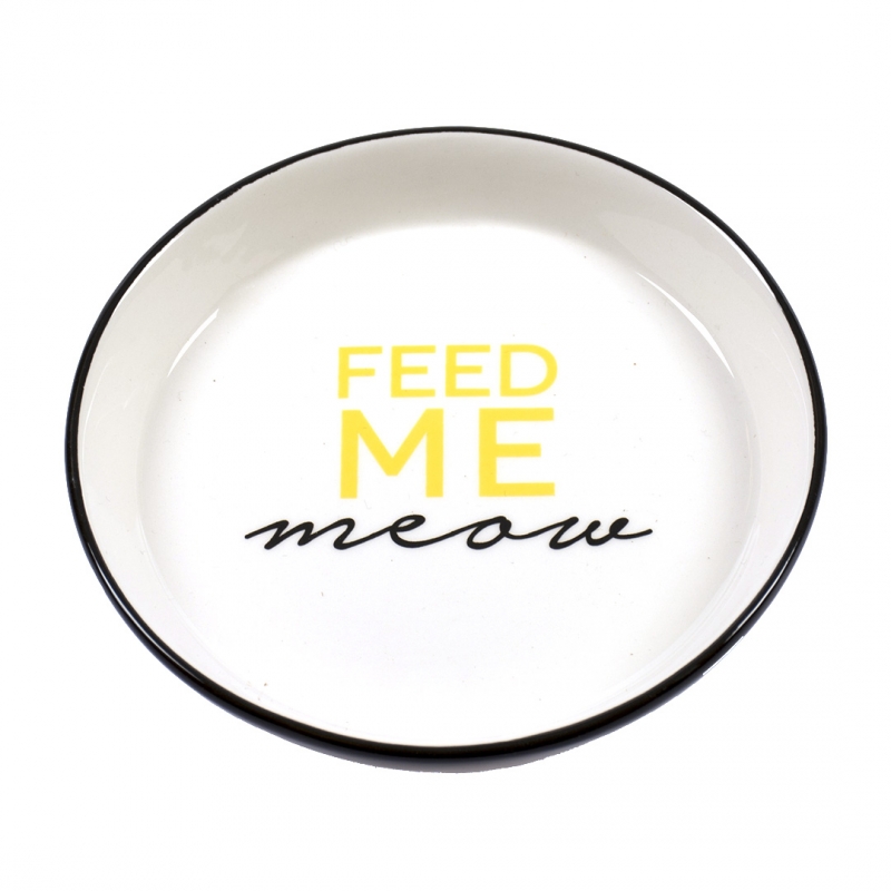 Миска для животных керамическая DUVO+, низкая, Feed Me Meow, чёрно-белая, 13,8см, 180мл