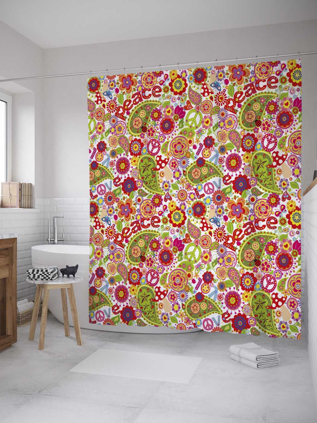 

Штора (занавеска) для ванной JoyArty "Мир хиппи" из сатена, 180х200 см с крючками, Розовый