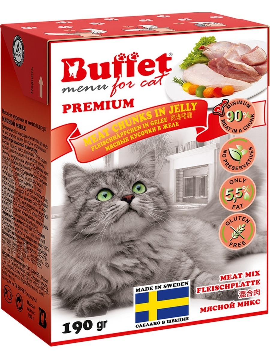 

Влажный корм для кошек Buffet Мясные кусочки с мясным миксом в желе, 16 шт по 190 г