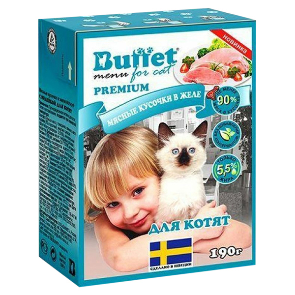

Влажный корм для котят Buffet Мясные кусочки с индейкой в желе, 16 шт по 190 г