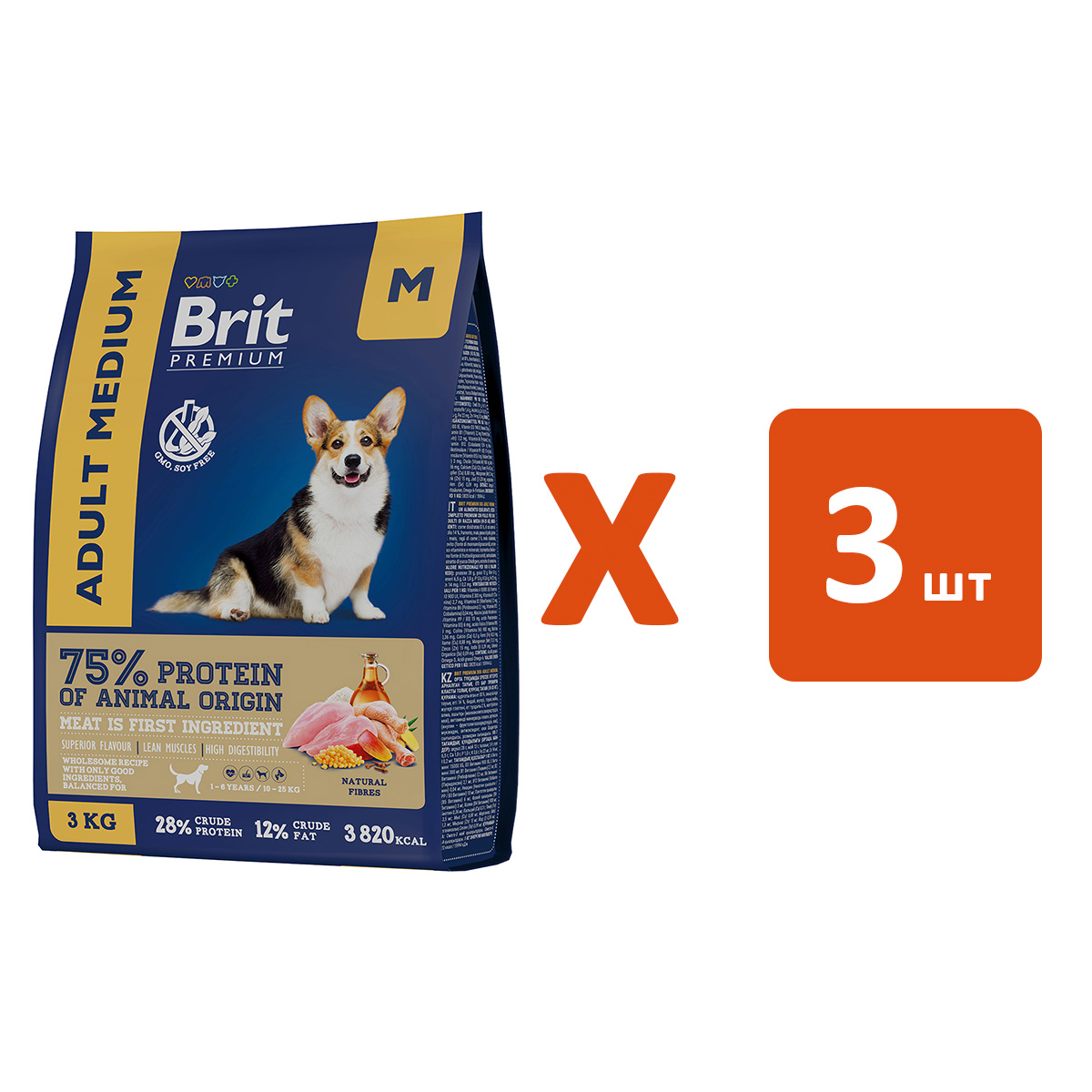 

BRIT BRIT PREMIUM DOG ADULT MEDIUM для взрослых собак средних пород с курицей (3 кг х 3 шт