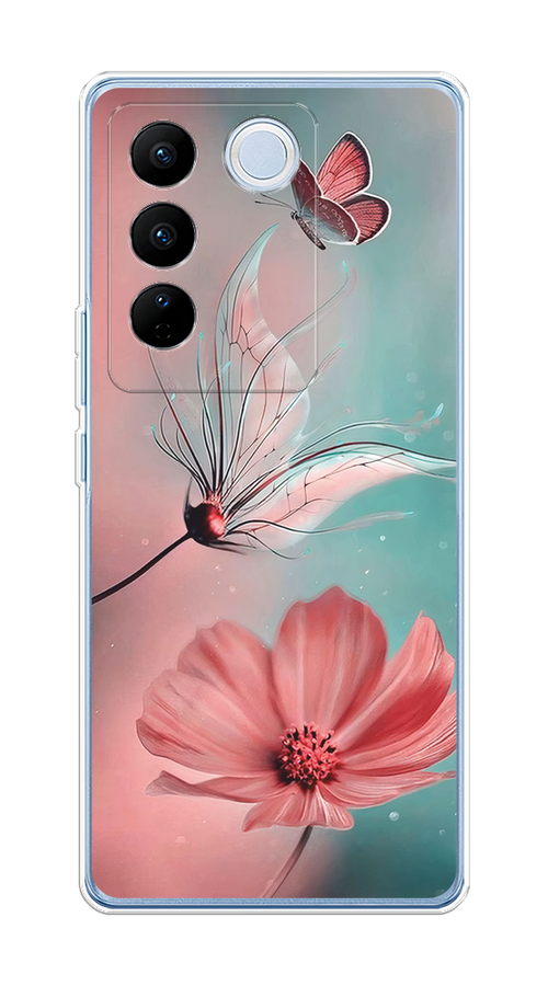 

Чехол на Vivo V27/V27 Pro "Бабочка и цветок", Голубой;розовый, 268550-1