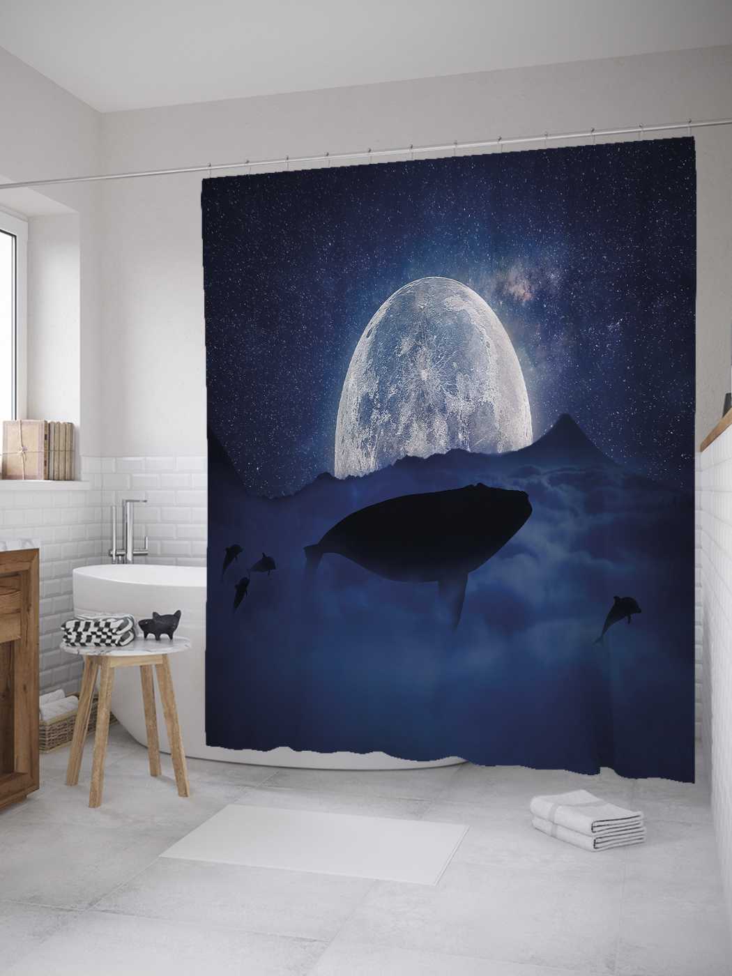 

Штора (занавеска) для ванной JoyArty "Кит и луна" из сатена, 180х200 см с крючками, Разноцветный