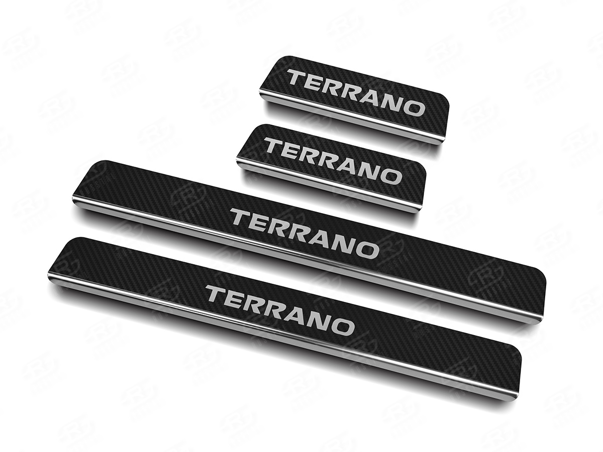 Накладки на пороги RUSSTAL (нерж., карбон, надпись) для Nissan Terrano 2014-