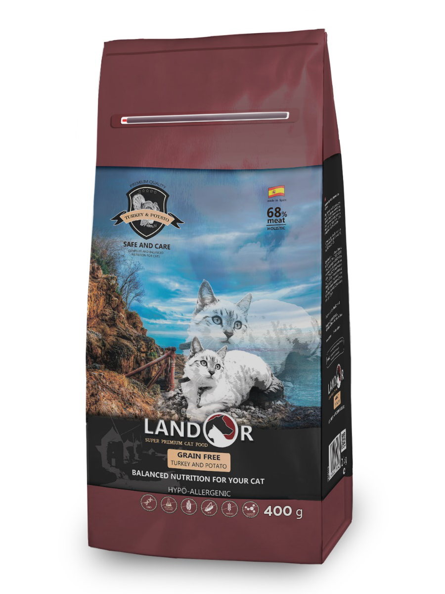 фото Сухой корм для кошек landor grain free, беззерновой, индейка с бататом, 0,4кг