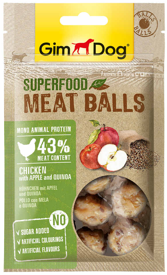 фото Лакомство для собак gimdog superfood meat balls, из курицы с яблоком и киноа, 70г