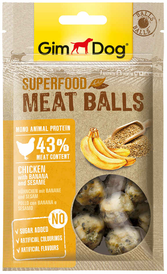 фото Лакомство для собак gimdog superfood meat balls, из курицы с бананом и кунжутом, 70г