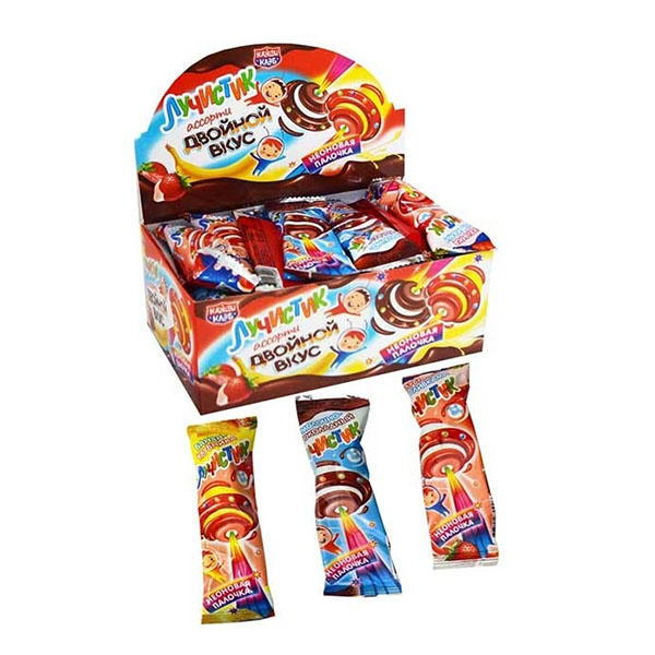 

Карамель на неоновой палочке Лучистик ассорти двойной вкус 10грамм Упаковка 30 шт
