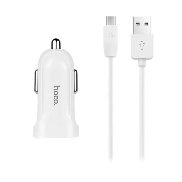 Автомобильный адаптер питания Hoco Z27 White зарядка 2.4А 2 USB-порта microUSB, белый 100026736080