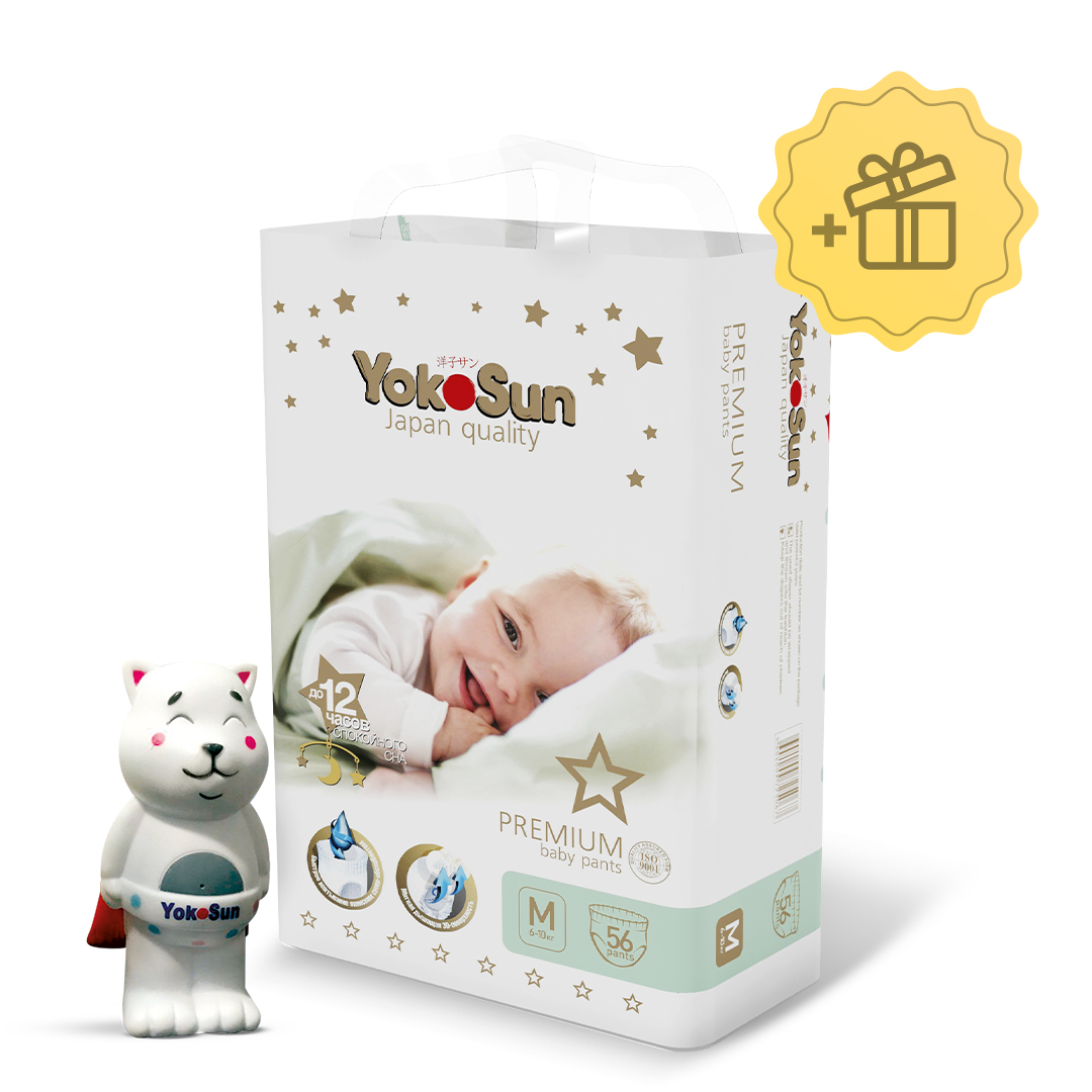 

Подгузники-трусики YokoSun Premium M (6-10 кг) 56 шт.+ Игрушка котик Йоко в подарок
