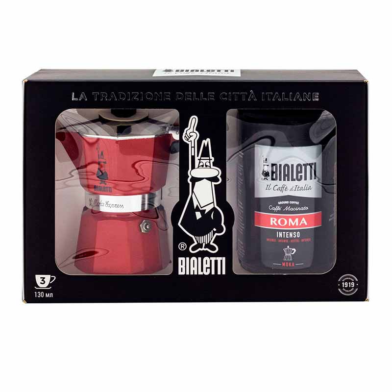 

Гейзерная кофеварка Bialetti Moka Express red на 3 порции и молотый кофе Roma 250гр