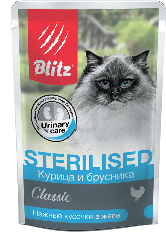 

Влажный корм для кошек BLITZ Sterilised Classic, курица и брусника в желе, 85г, Sterilized Classic