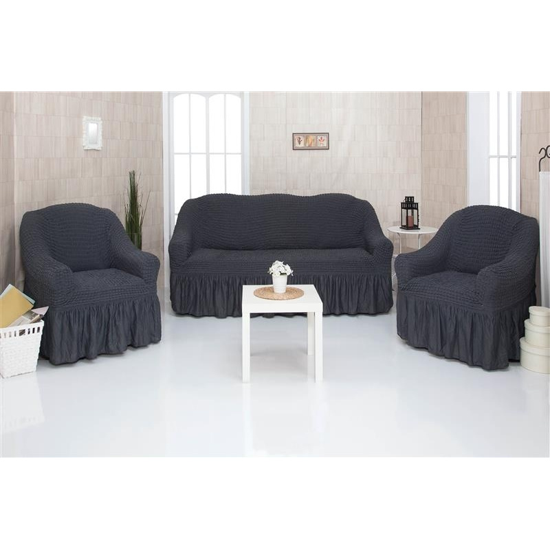 фото Комплект чехлов на трехместный диван и два кресла с оборкой concordia, темно-серый