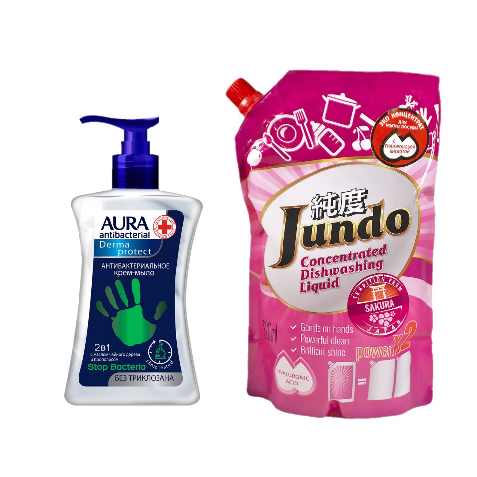 

Крем-мыло антибактериальное AURA 2в1 250мл +ЭКО гель д/мытья посуды Jundo Sakura 800мл