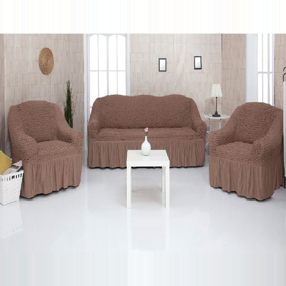 фото Комплект чехлов на трехместный диван и два кресла с оборкой concordia, коричневый