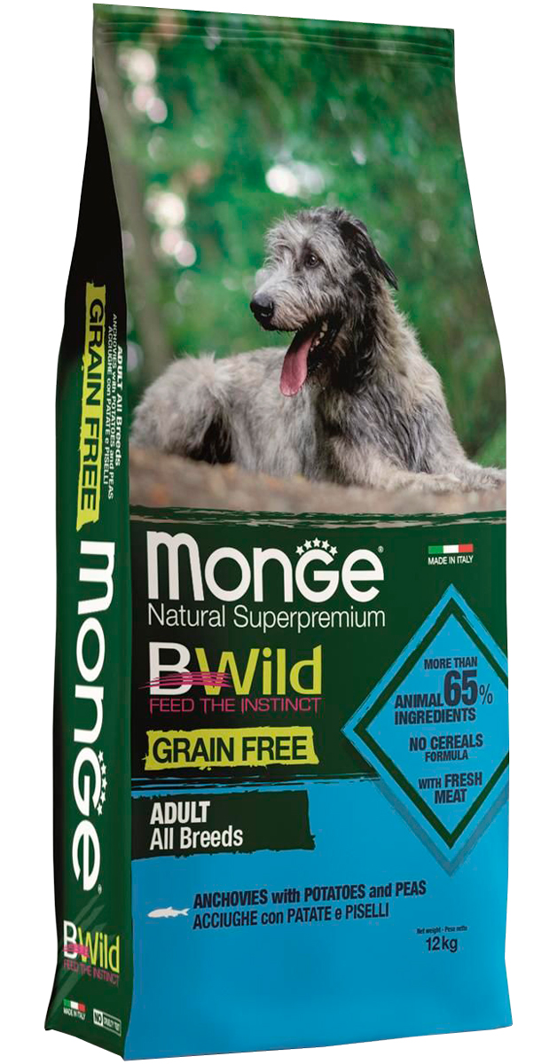 фото Сухой корм для собак monge bwild grain free, беззерновой, анчоус, картофель, горох, 2,5кг