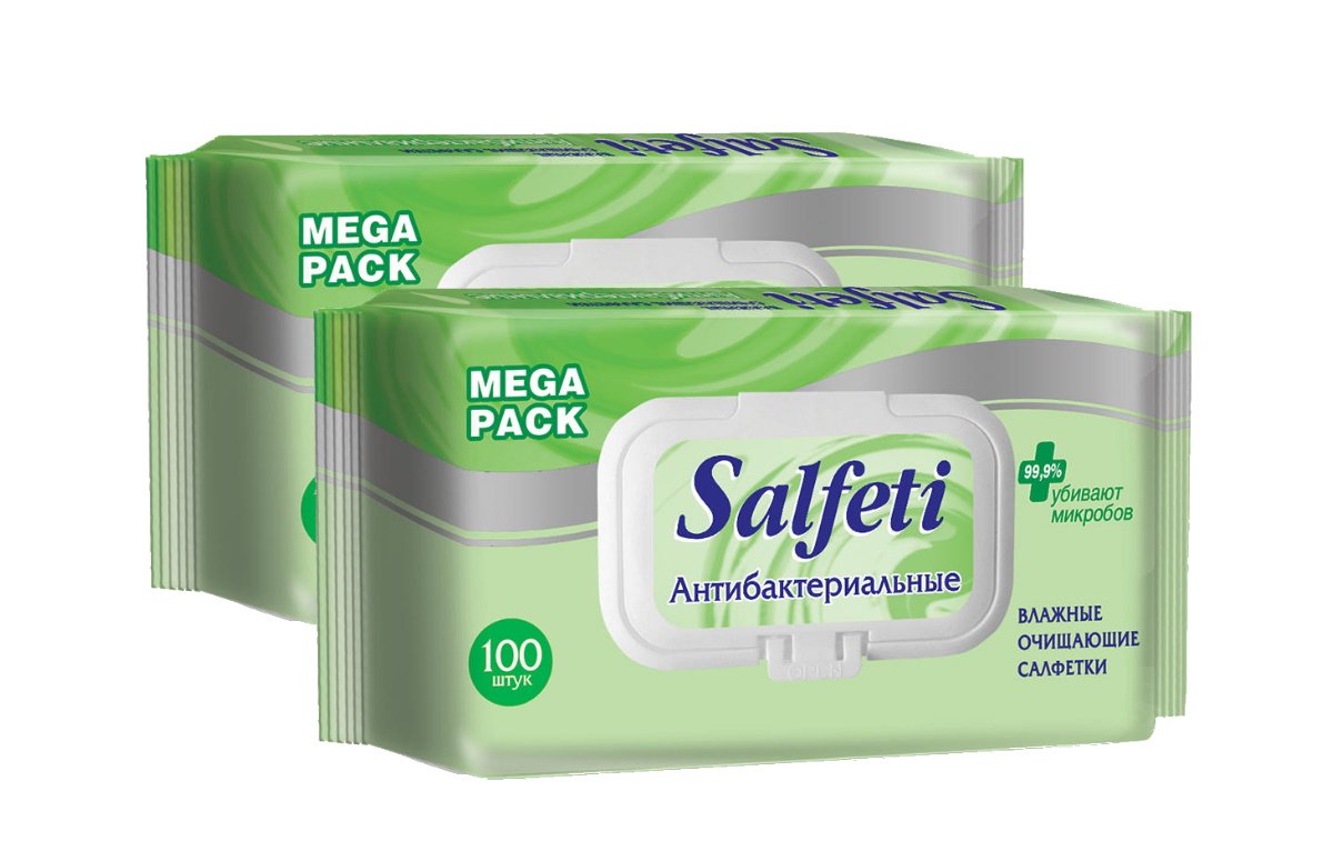 Купить Влажные салфетки Salfeti antibac №100 антибактериальные с клапаном (в наборе 2 упаковки)