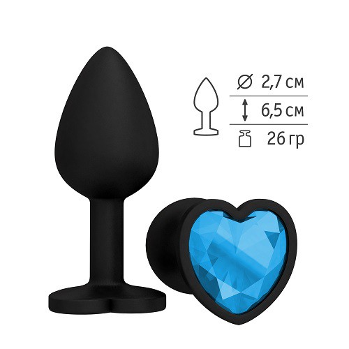 фото Джага джага анальная втулка силиконовая черная с голубым кристаллом сердце 508-05 джага-джага