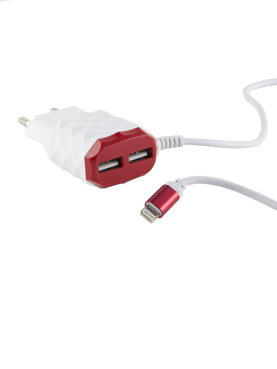 фото Сетевое зарядное устройство red line 2 usb, 2,1 a, white/red