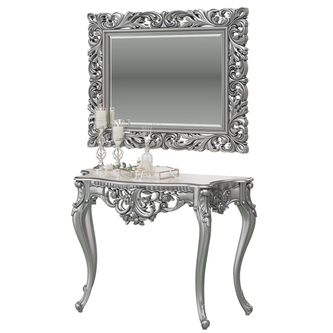 фото Туалетный столик с зеркалом мэри-мебель кн-01+зк-04 серебро, 122х48х82 + 108х6х88 см