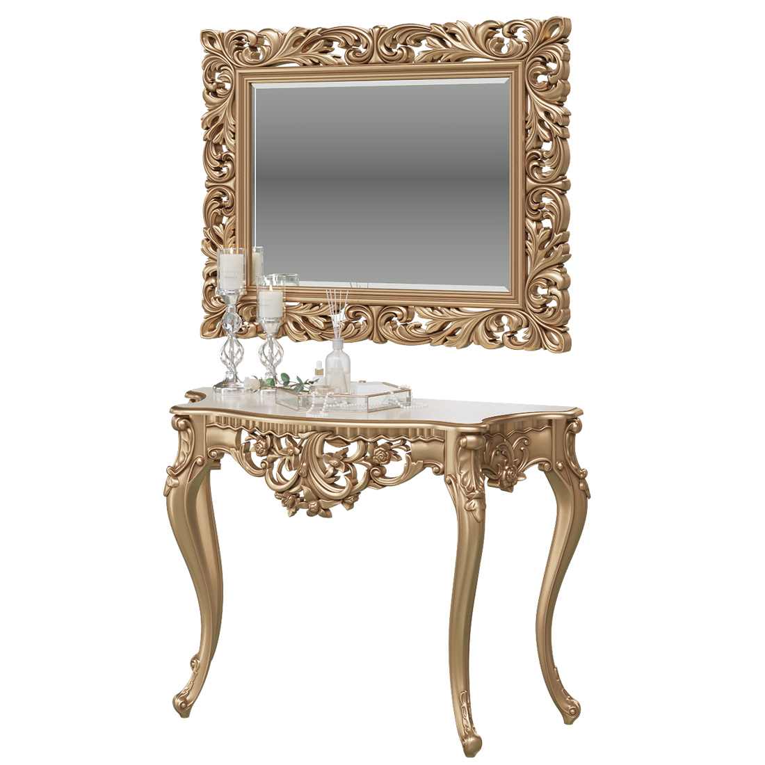 фото Туалетный столик с зеркалом мэри-мебель кн-01+зк-04 золото, 122х48х82 + 108х6х88 см