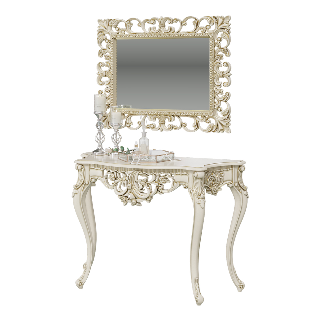 фото Туалетный столик с зеркалом мэри-мебель кн-01+зк-03 слоновая кость, 122х48х82 + 95х6х75 см