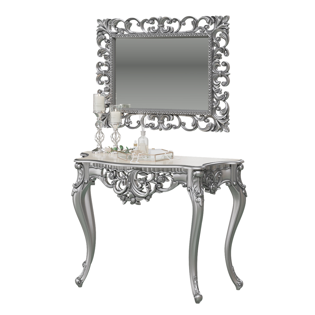 Туалетный столик с зеркалом Мэри-Мебель КН-01+ЗК-03 серебро, 122х48х82 + 95х6х75 см