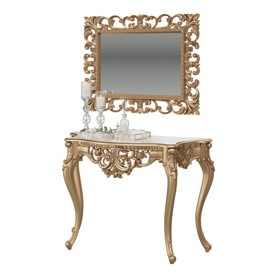 фото Туалетный столик с зеркалом мэри-мебель кн-01+зк-03 золото, 122х48х82 + 95х6х75 см