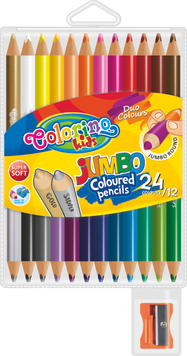 фото Круглые двусторонние карандаши "jumbo", с точилкой, 12 штук, 24 цвета colorino