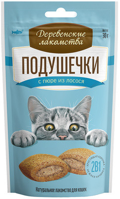 

Лакомство для кошек Деревенские лакомства Подушечки с пюре из лосося, 30 г, Подушечки