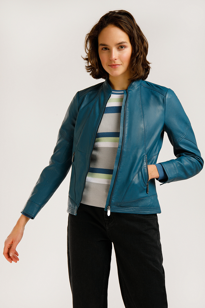 фото Кожаная куртка женская finn flare b20-11807 голубая 46