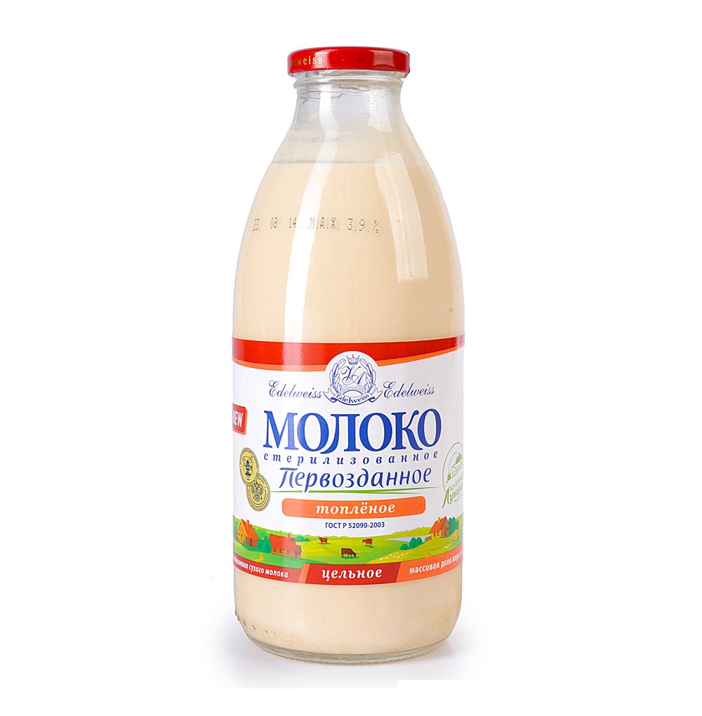 фото Молоко первозданное топленое бзмж жир. 3,5-4,5 % 750 мл ст/б # эдельвейс россия