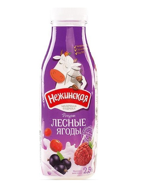 

Йогурт нежинская питьевой бзмж лесные ягоды жир. 2,5 % 275 г пл/б гусевмолоко россия