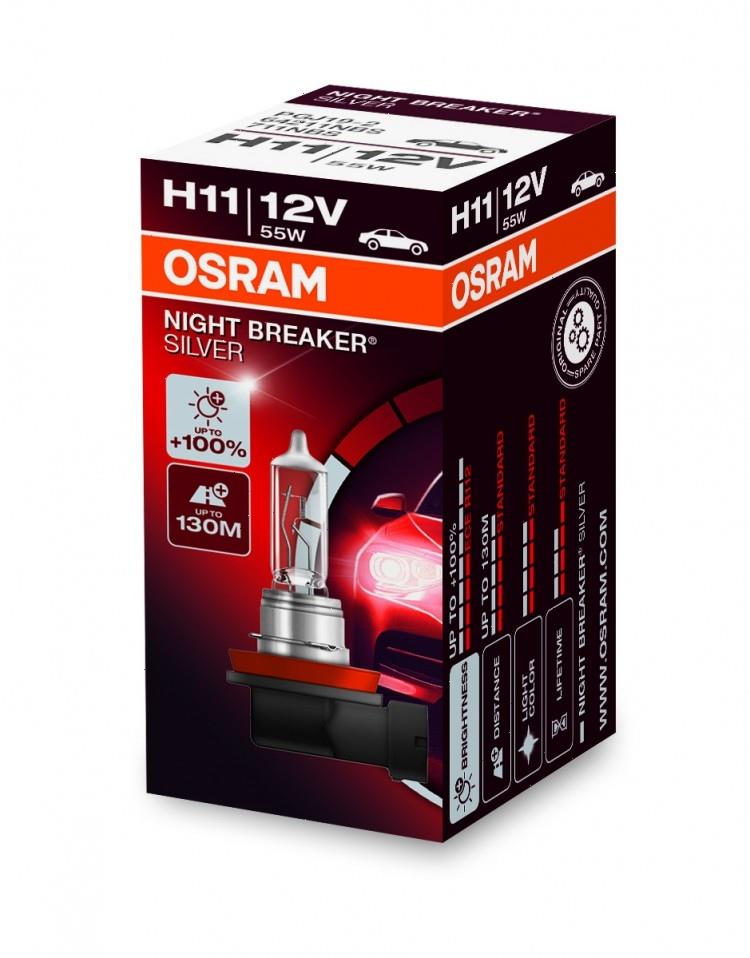 фото Лампа h11 12v-55w (pgj19-2) (+100 света+серебр.диз.) night breaker silver (2шт) duobox osram