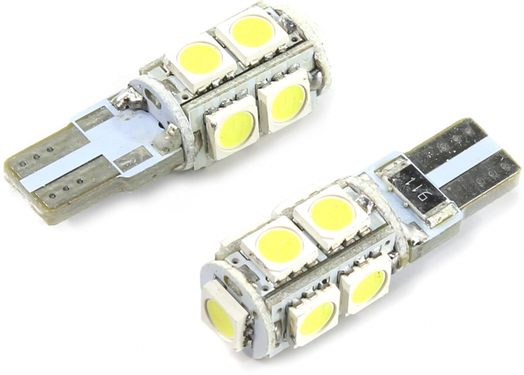 фото Лампа светодиодная 12v w5w t10w w2.1x9.5d 6000k бесцокольная 9 led блистер (2шт.) megapowe megapower