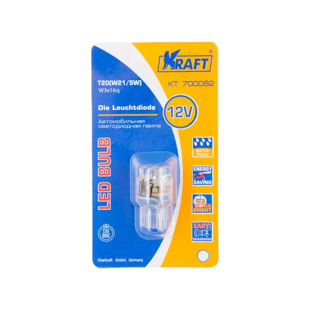 фото Светодиодная лампа t20 w21/5w (w3x16d) 12v red 9 leds (1 шт, блист.) kraft арт. kt700080